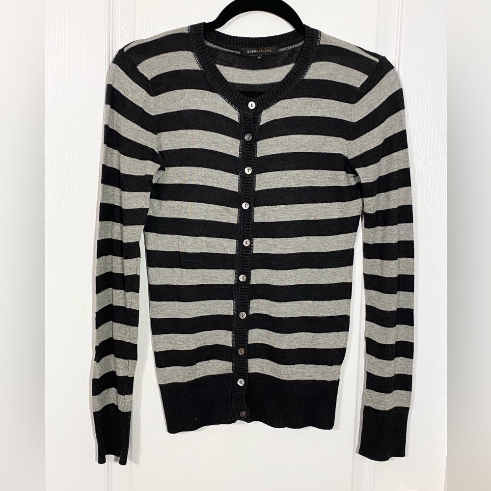 BCBGMaxAzria Soft Striped Knit Button Front Cardigan Gray Size XS